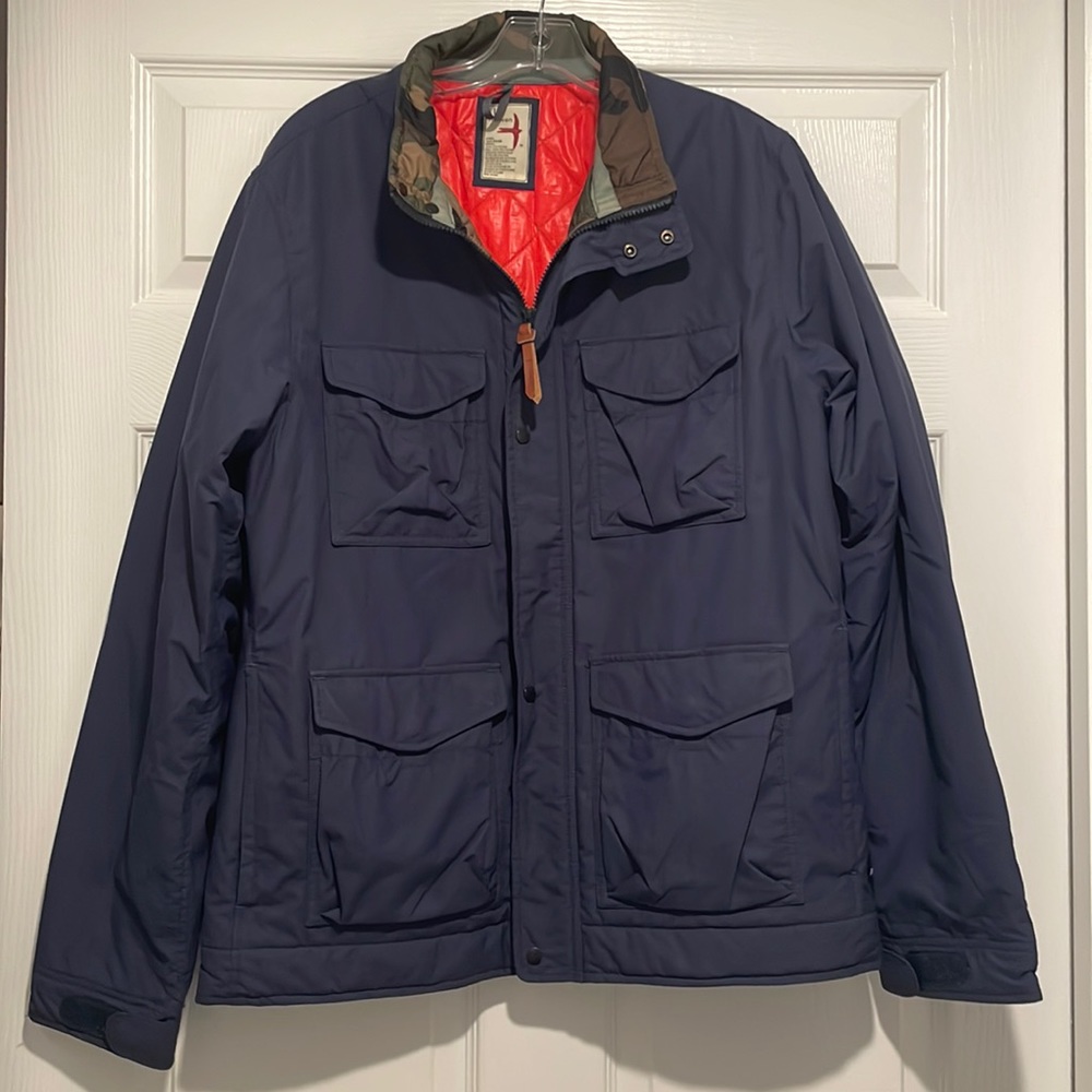Relwen Navy coat size L puffer lined inside orange zip front pockets